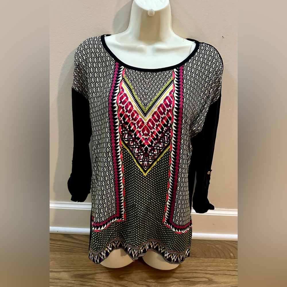 Bright colors and black knit blouse